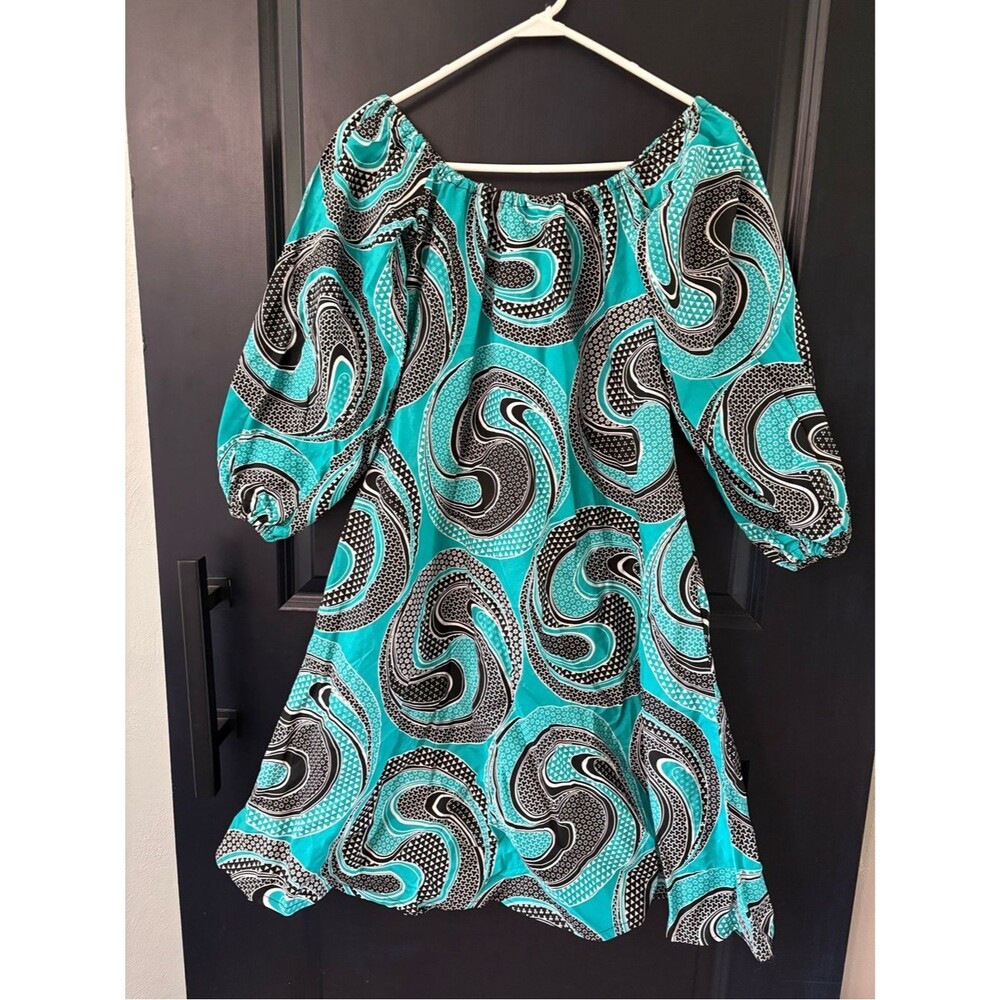 Hand Crafted Turquoise Black Swirl Off-Shoulder Midi Dress Tribal Inspired